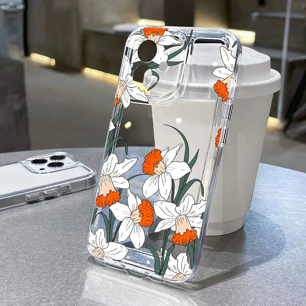 Pink Flower Clear Case For iPhone 11 Case iPhone 12 13 14 15 Pro Max X XR XS Max 7 8 Plus SE 2022 2020 Funda Soft Silicone Cover