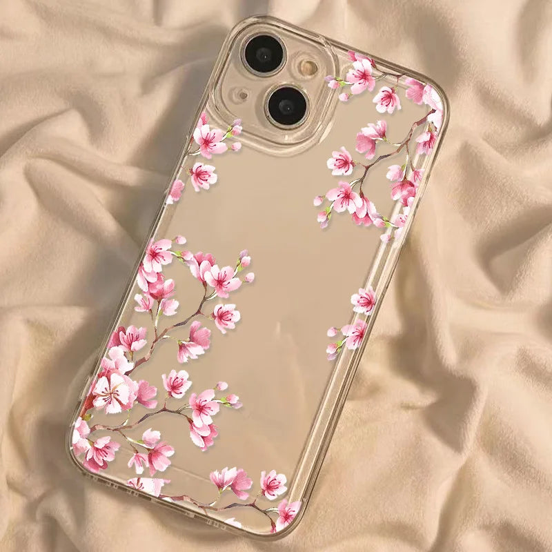 Pink Flower Clear Case For iPhone 11 Case iPhone 12 13 14 15 Pro Max X XR XS Max 7 8 Plus SE 2022 2020 Funda Soft Silicone Cover