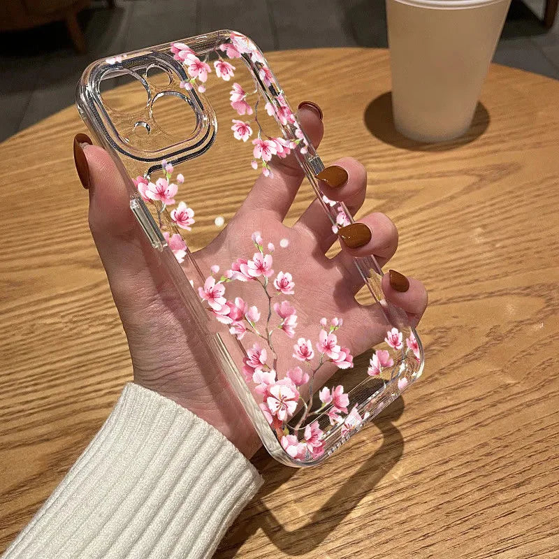 Pink Flower Clear Case For iPhone 11 Case iPhone 12 13 14 15 Pro Max X XR XS Max 7 8 Plus SE 2022 2020 Funda Soft Silicone Cover