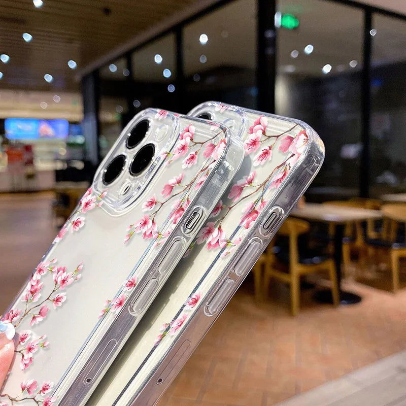 Pink Flower Clear Case For iPhone 11 Case iPhone 12 13 14 15 Pro Max X XR XS Max 7 8 Plus SE 2022 2020 Funda Soft Silicone Cover