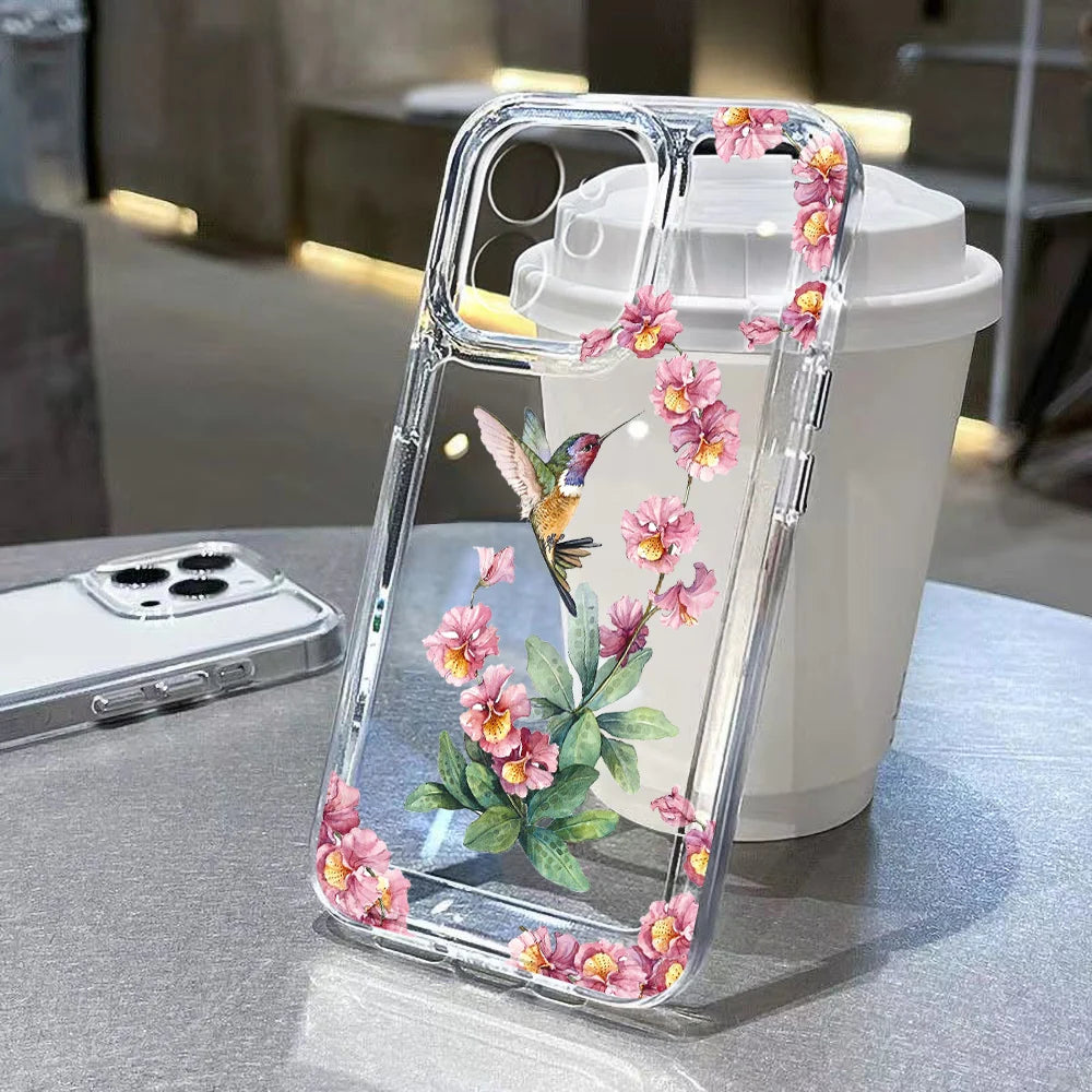 Pink Flower Clear Case For iPhone 11 Case iPhone 12 13 14 15 Pro Max X XR XS Max 7 8 Plus SE 2022 2020 Funda Soft Silicone Cover